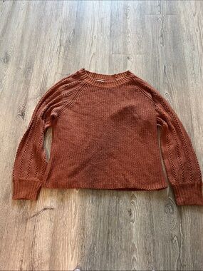 Moral Fiber Burnt Orange Open-Stitch Sleeve Crewneck Sweater